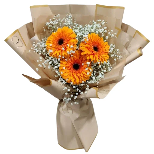 Ramo de 3 flores gerberas naranjas con papel coreano